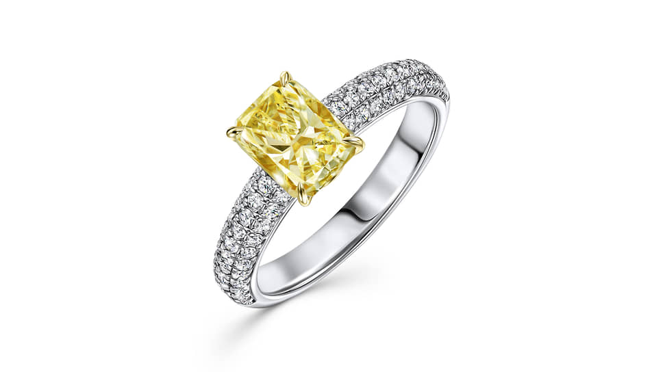 MIUZ Diamonds, кольцо из белого золота с желтым бриллиантом огранки «радиант» (1,64 карата) и бесцветными бриллиантами