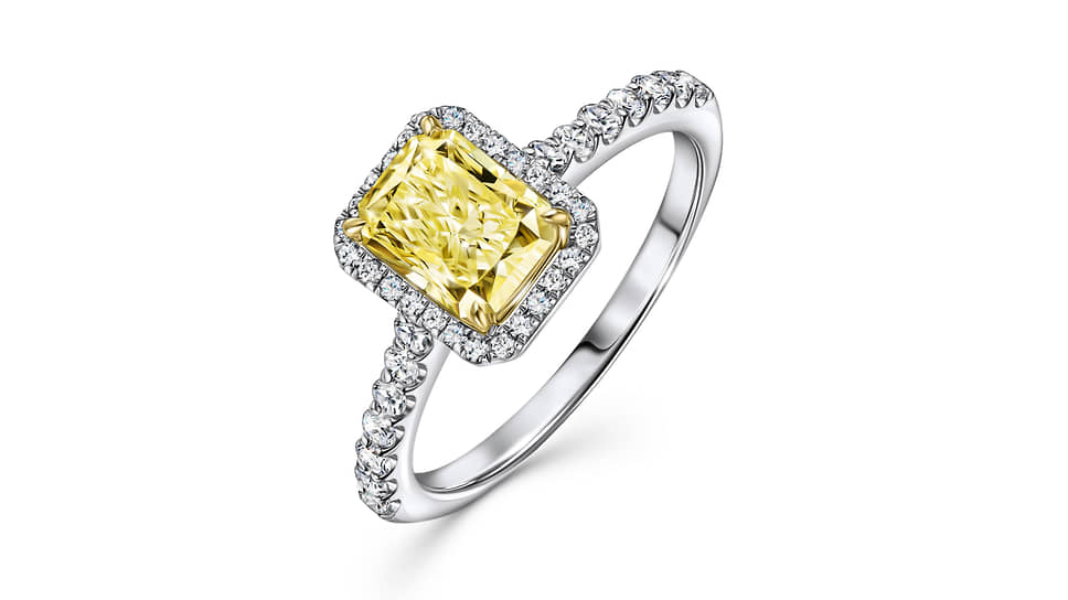 MIUZ Diamonds, кольцо из белого золота с желтым бриллиантом огранки «радиант» (1,51 карата) и бесцветными бриллиантами