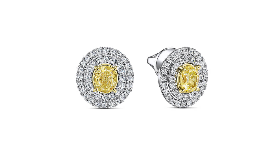 MIUZ Diamonds, серьги из белого золота с желтыми бриллиантами огранки «овал» (общий вес 1,04 карата) и бесцветными бриллиантами
