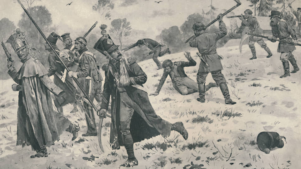 Французские войска при отсутпление из России. Гравюра 1896 года