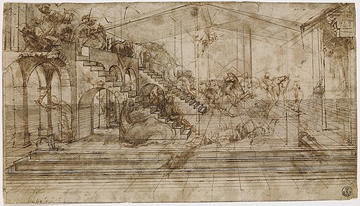 Леонардо да Винчи. Эскиз для второго плана «Поклонения волхвов», около 1481 года. Карандаш, коричневые чернила, коричневая акварель, белила