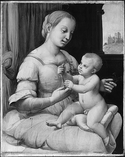 Рафаэль. «Мадонна с гвоздиками», 1506–1507 годы. Рефлектограмма в инфракрасном свете
