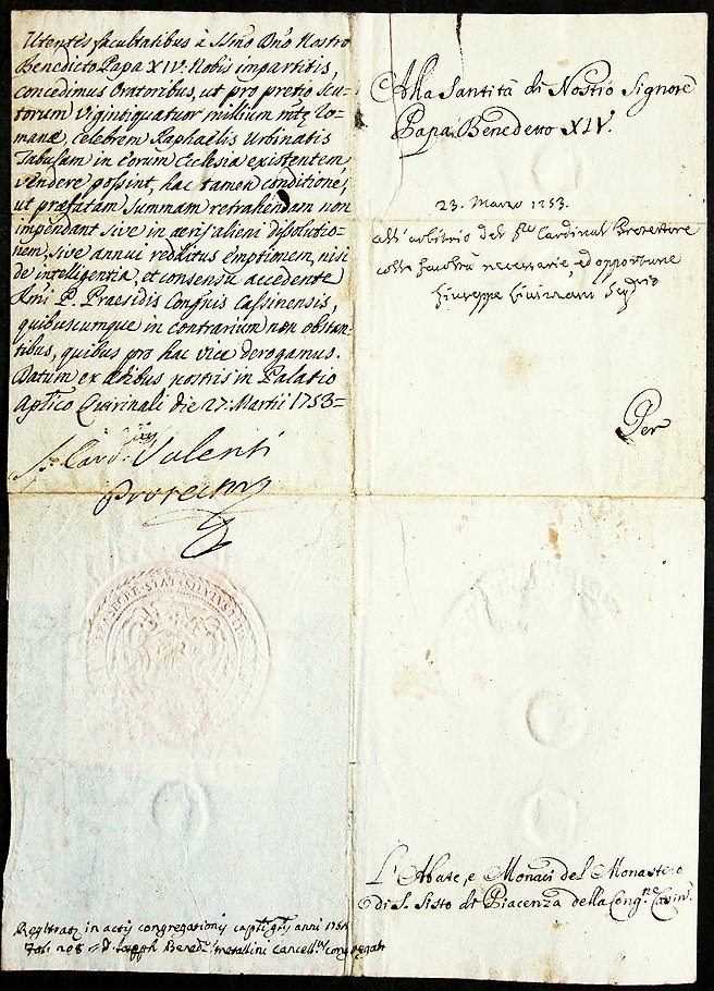 Разрешение на продажу &quot;Сикстинской Мадонны&quot;, подписанное папой Бенедиктом XIV 27 марта 1753 года