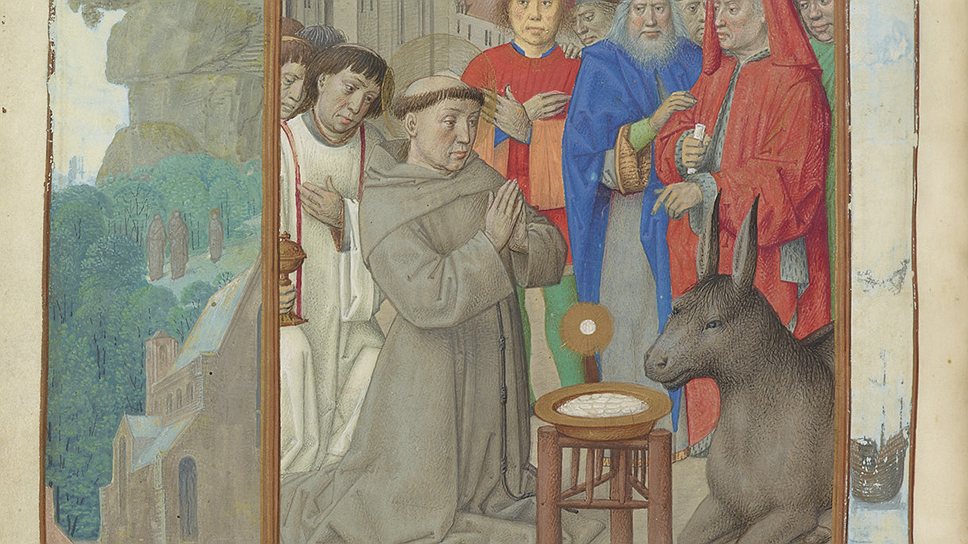 Св. Антоний Падуанский и чудо с мулом (из &quot;Бревиария Элеоноры Португальской&quot;). Брюгге, около 1500 года
