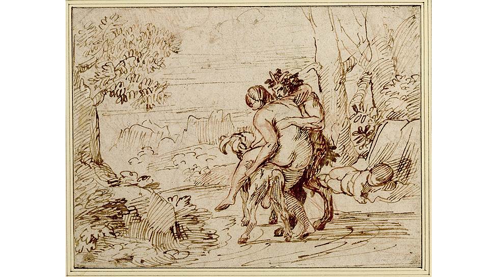 Никола Пуссен. «Нимфа, седлающая козла, с сатиром и спящим амуром», около 1626 года
