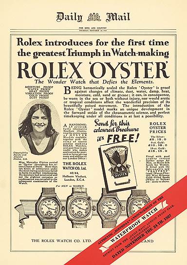 Реклама Rolex Oyster в газете Daily Mail, 1927 год