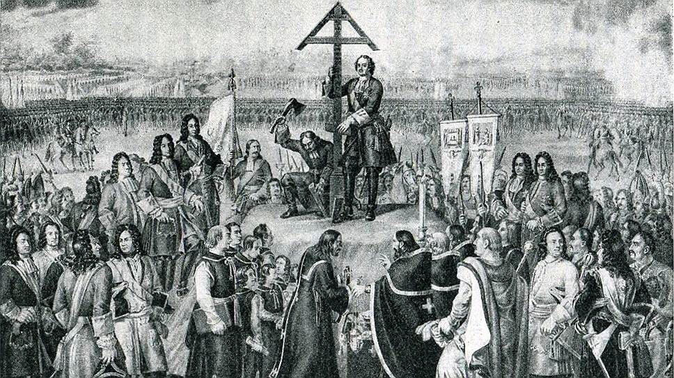 Петр I водружает крест на месте погребения павших воинов, 28 июня 1709 года