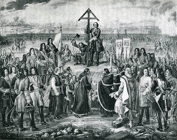 Петр I водружает крест на месте погребения павших воинов, 28 июня 1709 года