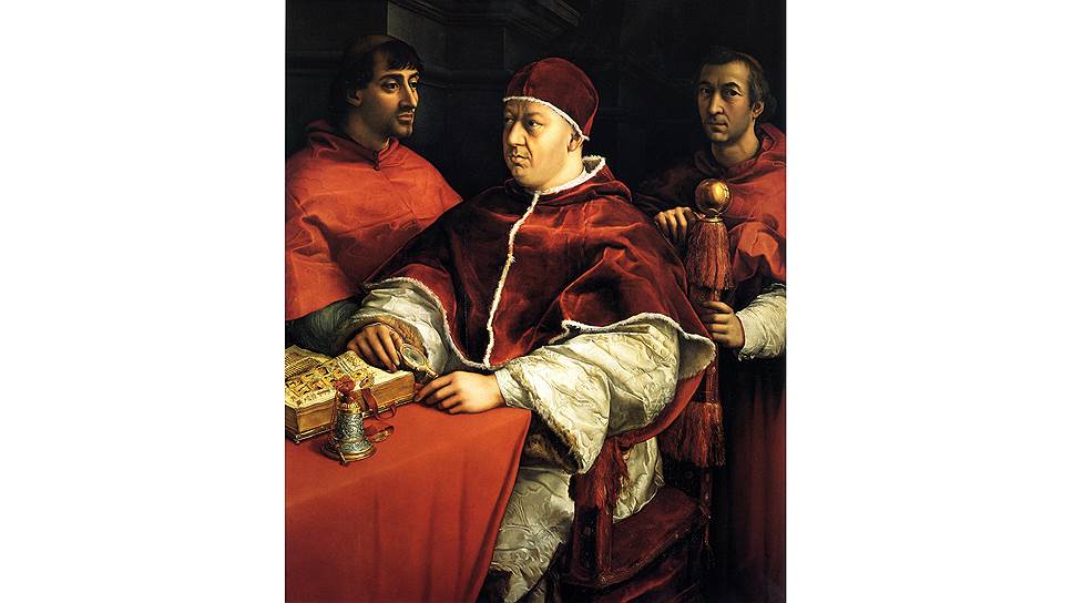 Рафаэль Санти. «Портрет Льва X с кардиналами Джулио Медичи и Луиджи Росси», 1518–1519 годы