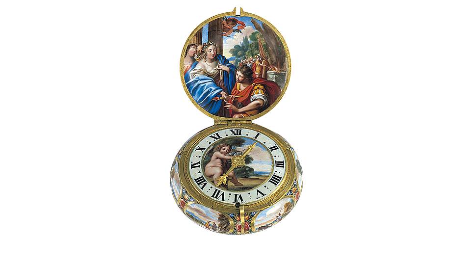 Часы с крышкой Theagenes &amp; Charicleia, расписанные на сюжет «Эфиопики» Гелиодора, 1655