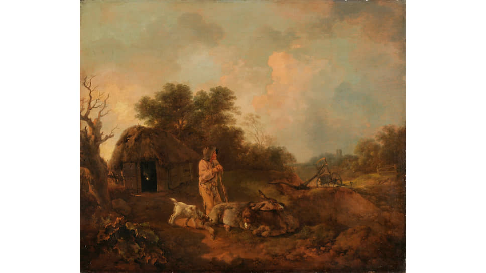 «Лесной пейзаж со старым крестьянином и ослами у сарая, с сошником и церковью вдали», около 1755–1757