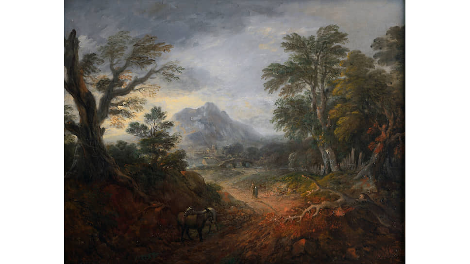 «Лесной пейзаж с фигурами, мостом, ослами, горой и зданиями вдали», около 1763–1767