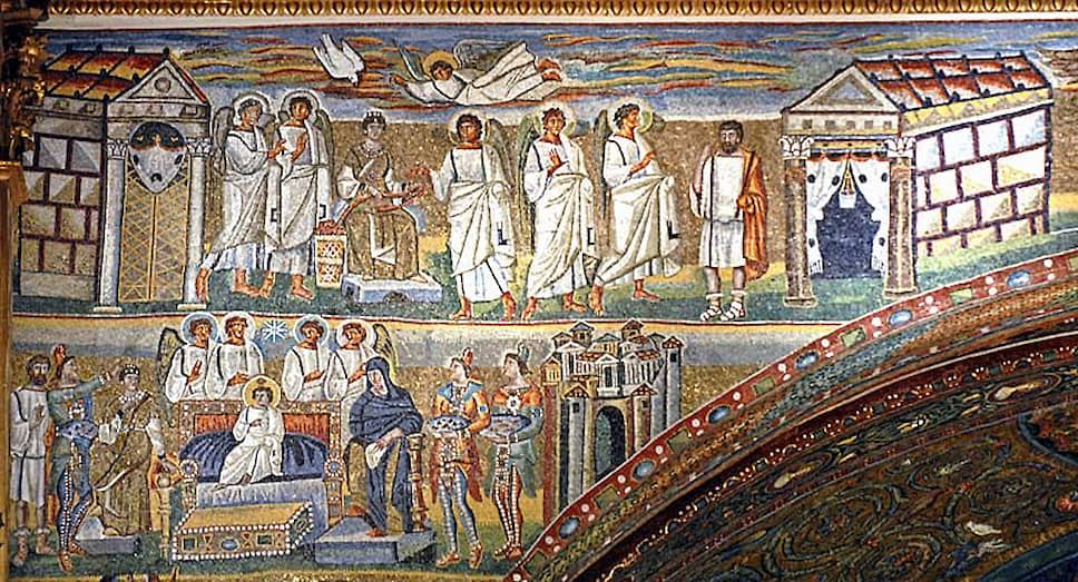 Сверху вниз: &quot;Благовещение&quot; и &quot;Поклонение волхвов&quot;. Мозаика в базилике Санта Мария Маджоре, Рим