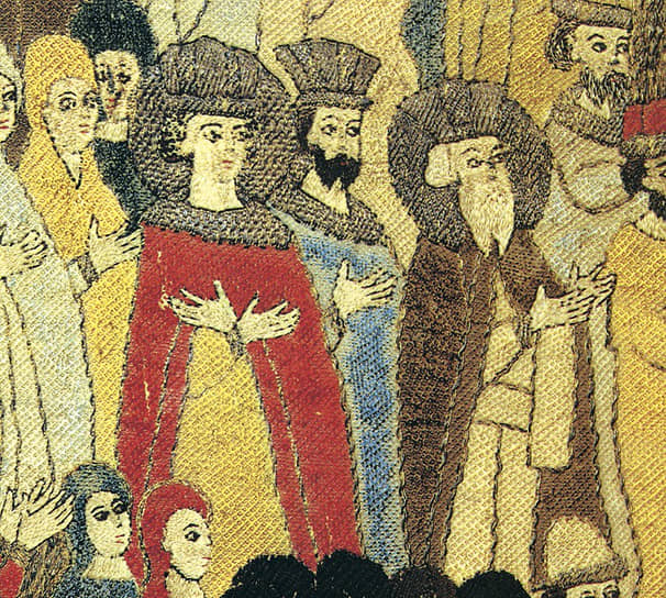 Предположительно мастерская Елены Волошанки. Пелена «Вынос иконы „Богоматерь Одигитрия“», около 1498 (фрагмент). читается, что на ней изображен торжественный выход великого князя Ивана III на Вербное воскресенье