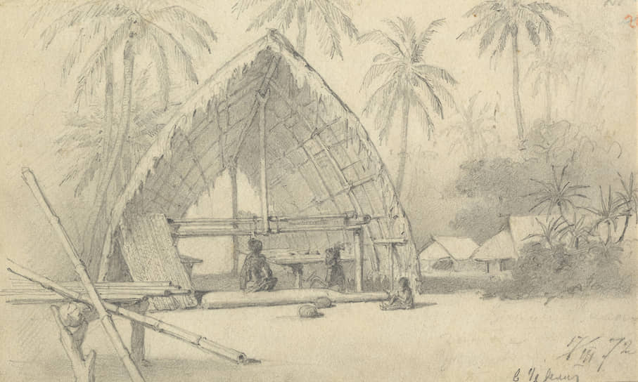 Хижины в деревне Бонгу. Рисунки Миклухо-Маклая
из экспедиции на Новую Гвинею