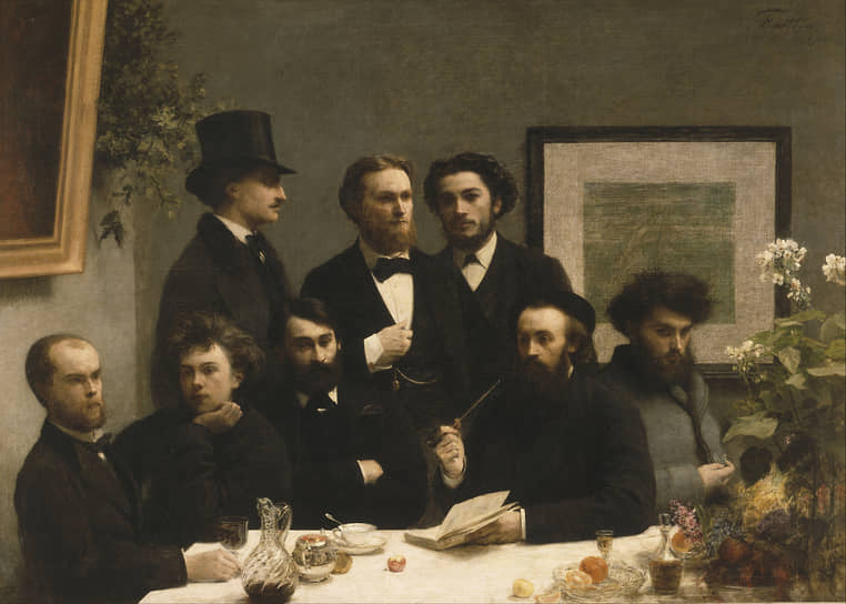 Анри Фантен-Латур. «За столом», 1872.
Снизу слева — Поль Верлен и Артюр Рембо