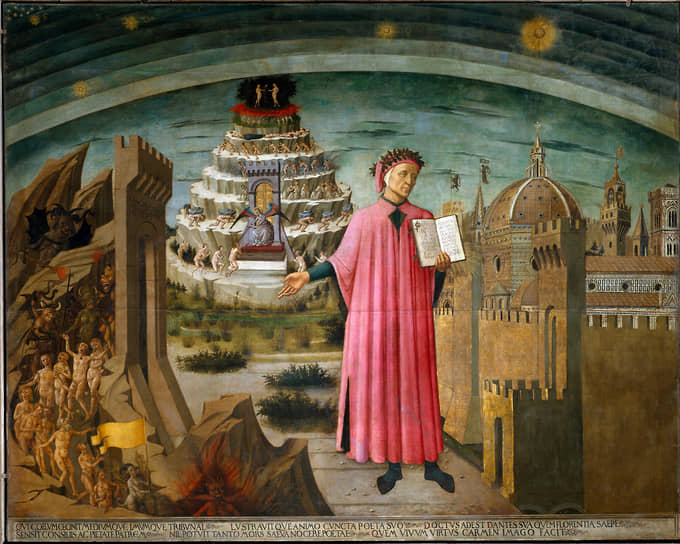 Доменико ди Микелино. «Данте и его комедия», фреска в соборе Санта-Мария-дель-Фьоре, Флоренция, 1465