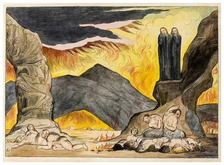 Уильям Блейк. «Щель поддельщиков. Данте и Вергилий прикрывают носы от зловония», 1827