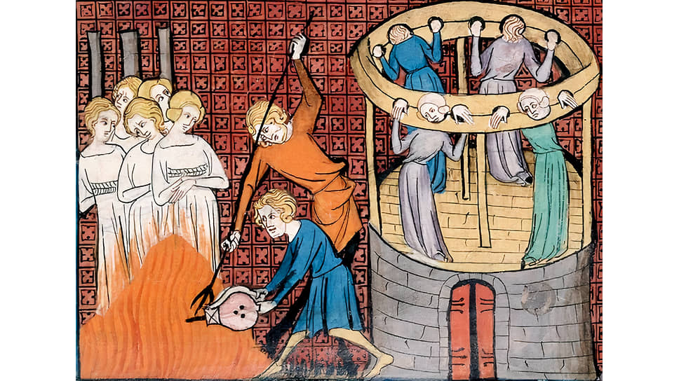 Миниатюра с пытками и казнью ведьм, XIV век