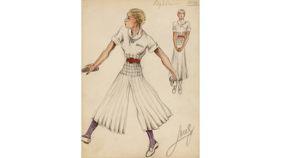 Эскиз костбма для тенниса, Мюгетт Булер, 1934-37.  Выставка «Мода и спорт»