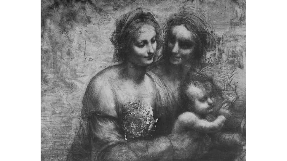 Повреждения на рисунке «Мадонна с Младенцем со святой
Анной и маленьким Иоанном Крестителем», 1987