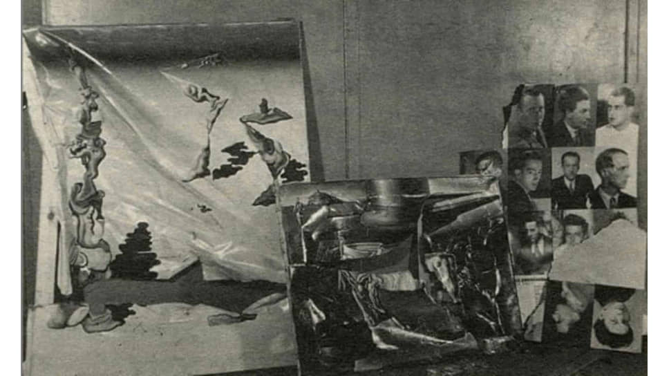 Экспонаты разгромленной выставки в кинотеатре
«Студия 28», 1930