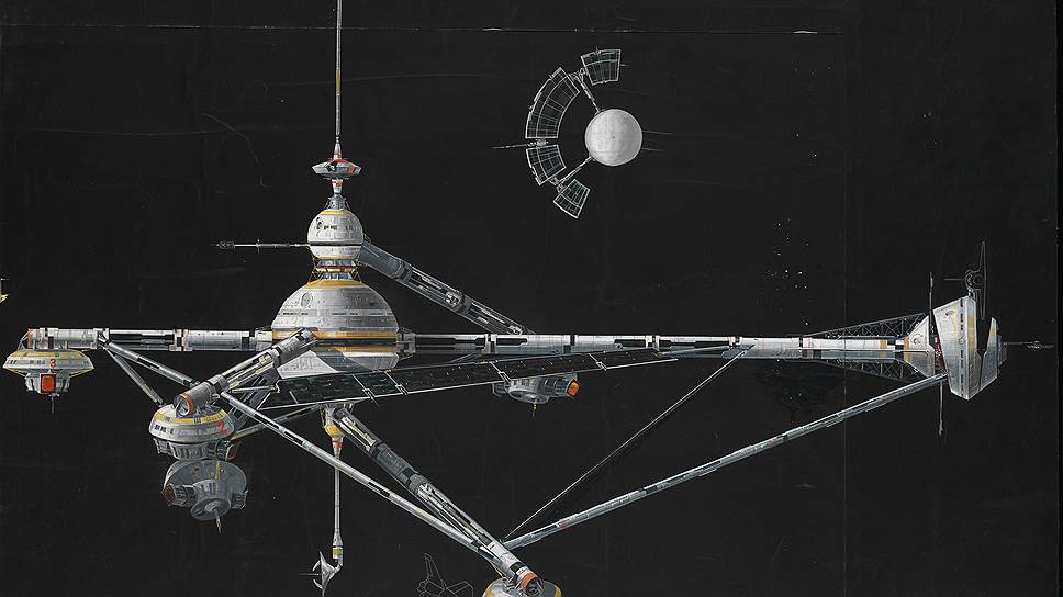 Еще большая редкость — эскизы декораций к старым фильмам (на фото — рисунок космической станции, сделанный Гарри Ланжем для &quot;Лунного гонщика&quot;) 