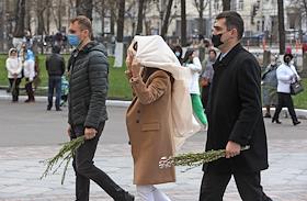 Celebration of Palm Sunday (Entry of the Lord into Jerusalem). Vladimirsky Cathedral in Kiev on Palm Sunday was opened for believers. However, they are allowed to go there only in a mask, and even during the consecration of the willow on the street, all people are also wearing masks.