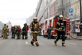 The aftermath of a fire in a residential building at 115 Ligovsky Prospekt