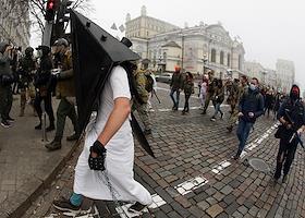 Holiday Halloween. Traditional zombie parade (Zombie Walk) in Kiev.