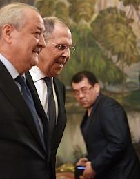 Working meeting of the Minister of Foreign Affairs of Russia Sergey Lavrov with the Minister of Foreign Affairs of Uzbekistan Abdulaziz Kamilov at the Reception House of the Ministry of Foreign Affairs of the Russian Federation.