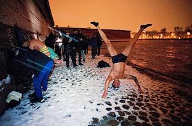 Walrus Day 2021. Winter swimming enthusiasts celebrate International Walrus Day at the walls of the Peter and Paul Fortress.