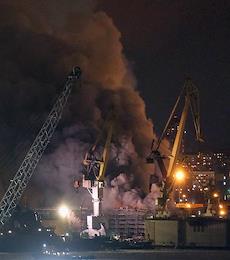 A ship on fire at the Severnaya Verf shipyard in St. Petersburg.