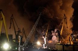 A ship on fire at the Severnaya Verf shipyard in St. Petersburg.