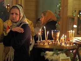 Feast of the Nativity of Christ. Night Divine Liturgy in the Church of Peter and Paul in the village of Novaya Izhora.