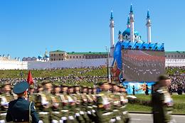 Military parade in Kazan on the Tysyachiletiya Square dedicated to the 77th anniversary of the Victory in the Great Patriotic War.