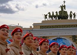 Military parade on Palace Square in St. Petersburg, dedicated to the 77th anniversary of the Victory in the Great Patriotic War.