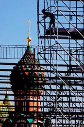 Installation of structures for the festival 'Spasskaya Tower' on Red Square. Monument to Minin and Pozharsky after restoration during the dismantling of building structures.