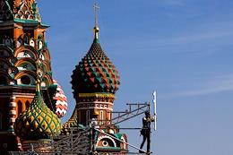 Installation of structures for the festival 'Spasskaya Tower' on Red Square. Monument to Minin and Pozharsky after restoration during the dismantling of building structures.