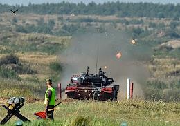 International army games. Competition 'Guardian of order', stage 'Race of the patrol squad'. Dynamic display of maneuvering actions of an interspecific group of troops during the IMTF 'Army-2022' at the Alabino military training ground.