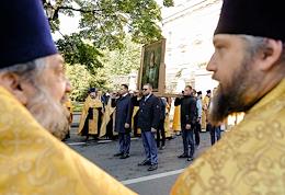 Religious procession in honor of the day of the transfer of the relics of the Holy Prince Alexander Nevsky in St. Petersburg.