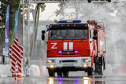 The finals of the competition in high-speed maneuvering on fire trucks 'Route-01' at the site near the stadium 'Gazprom Arena'.